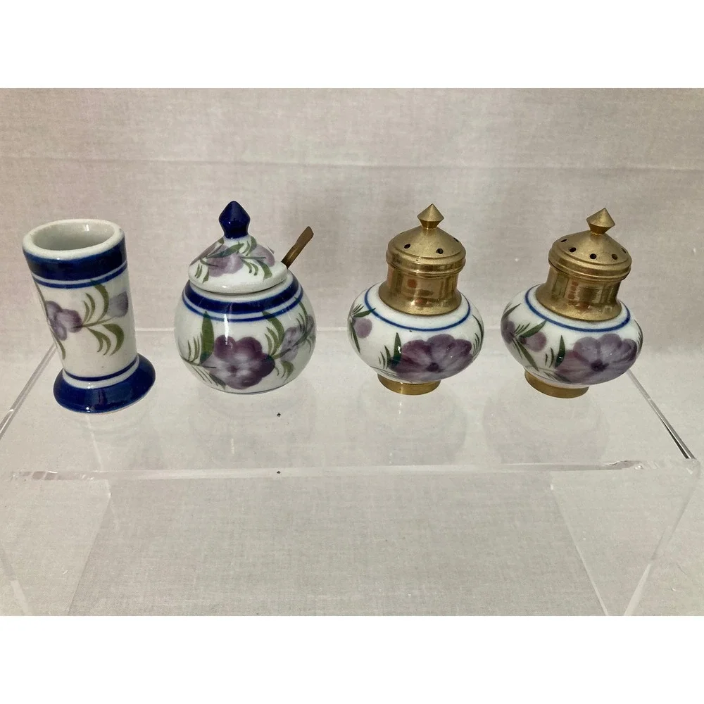 Vintage Thai Salt and Pepper Shaker Condiment Set w/ Oval Brass Tray